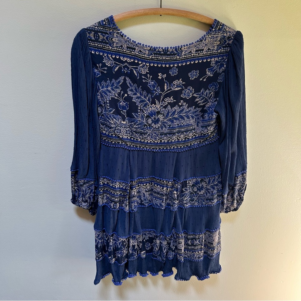 Boho-Style Deep Blue V-Neck Tiered Mini Dress - Picture 8 of 16